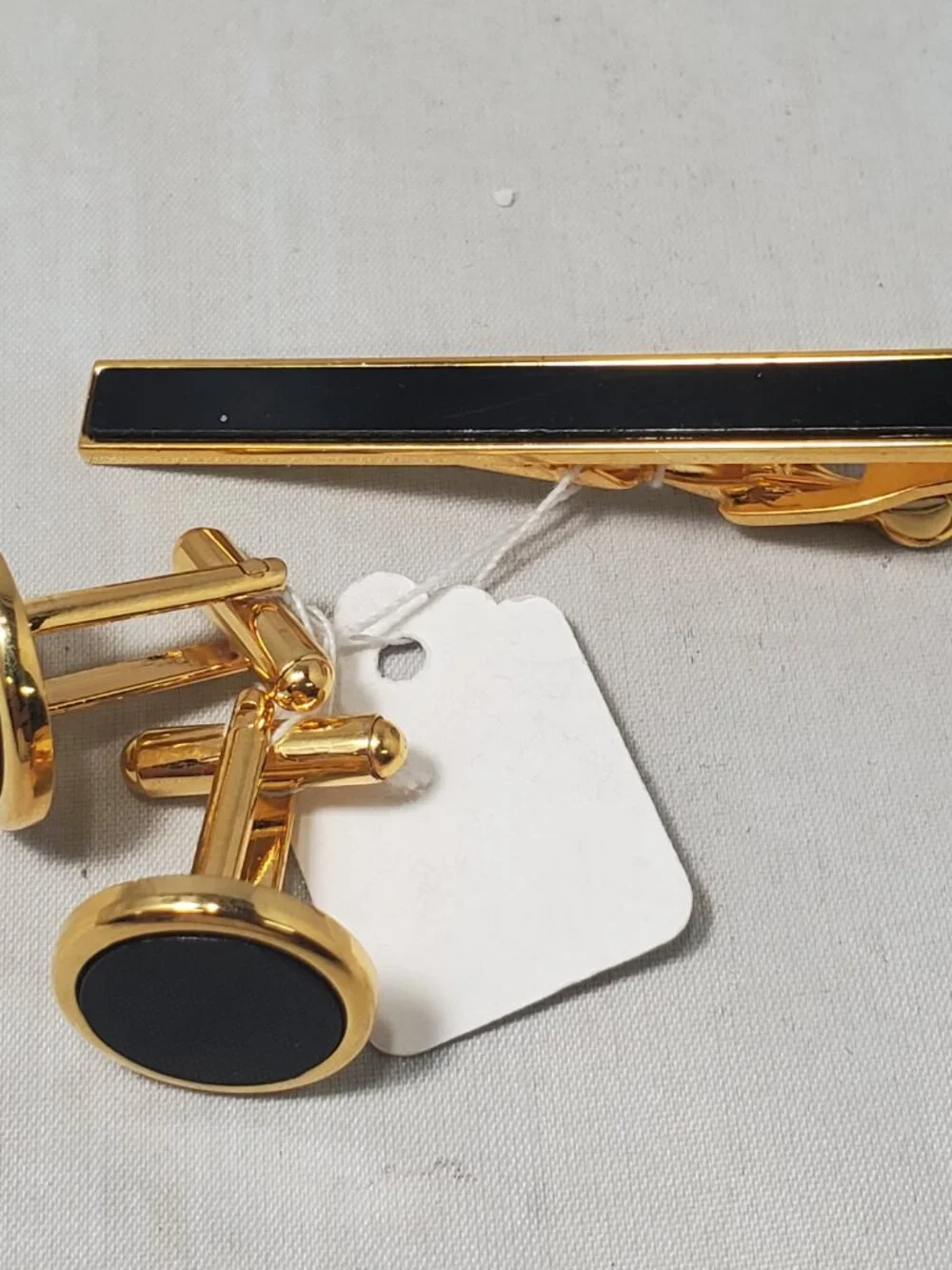 Vintage 14K Gold-Plated Brass Black Enamel Tie Clip & Cufflinks 3 Pc Set